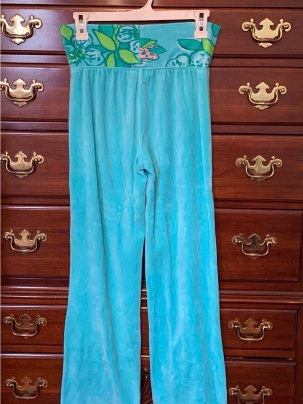 Lilly Pulitzer Aqua velour Lounge Pants with Floral Waistband
